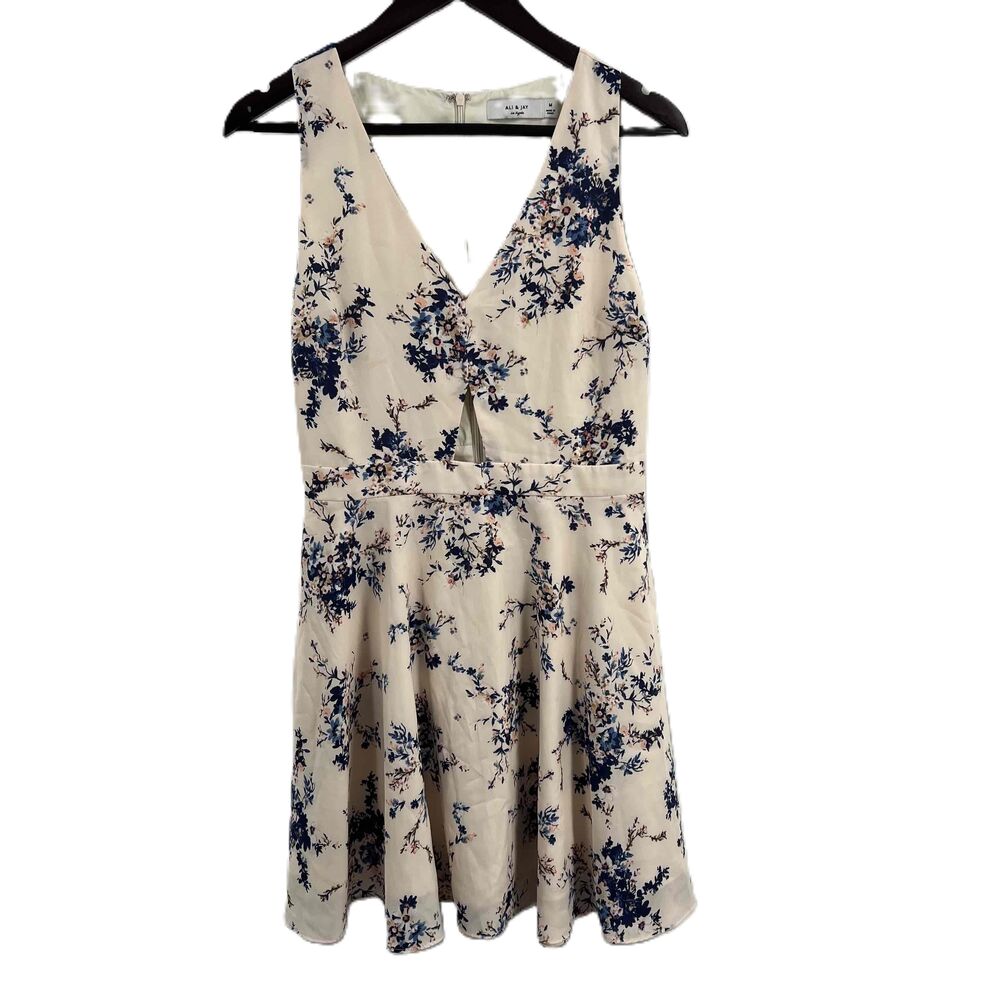 ALI‎ & JAY Pink Blue Floral Satin V Neck A Line Dress Cutout Waist Womens Medium